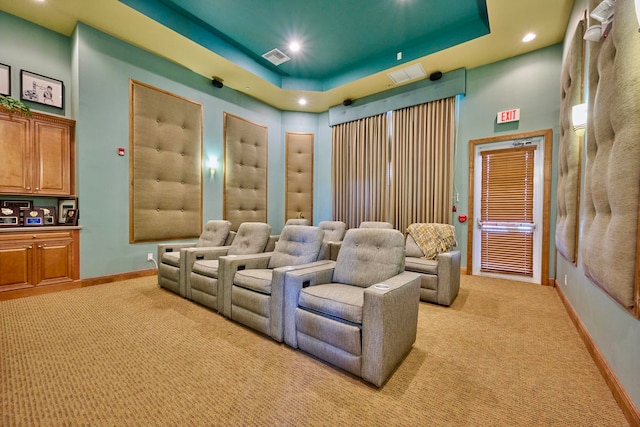 carpeted cinema room featuring a raised ceiling