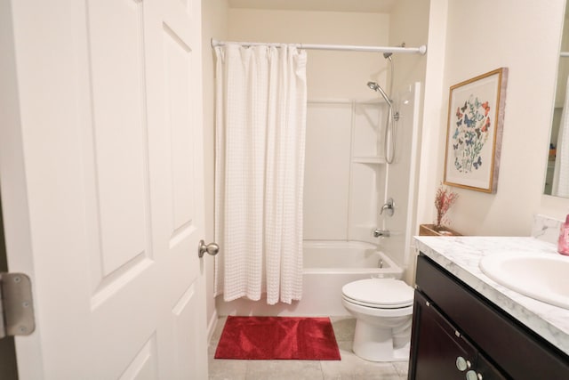 full bathroom featuring toilet, tile patterned flooring, vanity, and shower / tub combo with curtain