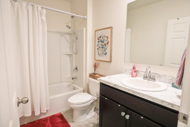 full bathroom with toilet, shower / bath combo, vanity, and tile patterned floors