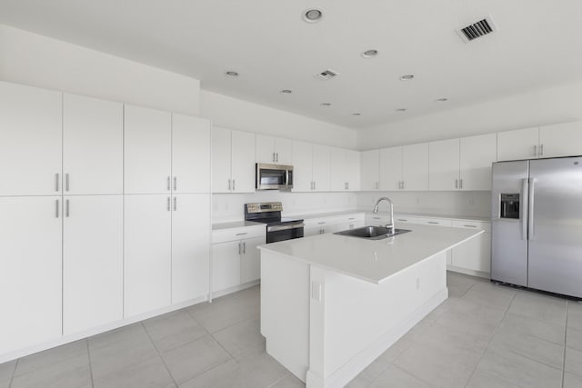 kitchen with white cabinets, sink, an island with sink, and appliances with stainless steel finishes