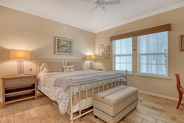 bedroom featuring light hardwood / wood-style floors, ceiling fan, and ornamental molding