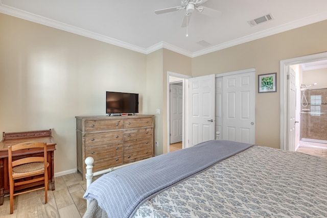 bedroom with connected bathroom, ceiling fan, light hardwood / wood-style flooring, crown molding, and a closet