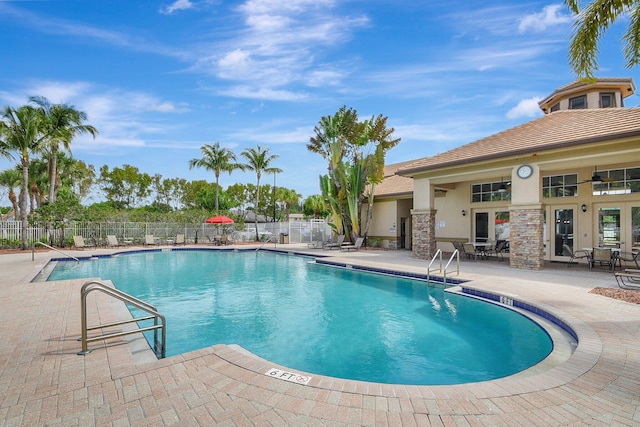 view of swimming pool featuring a patio area