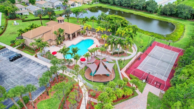 aerial view featuring a water view