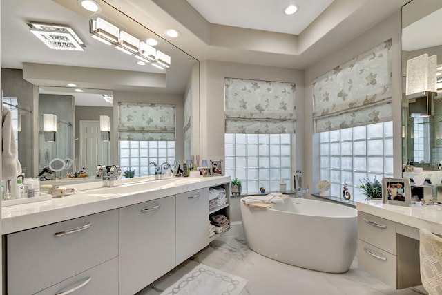 bathroom with vanity, a tray ceiling, and a tub