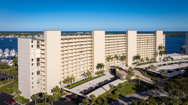 view of building exterior featuring a water view