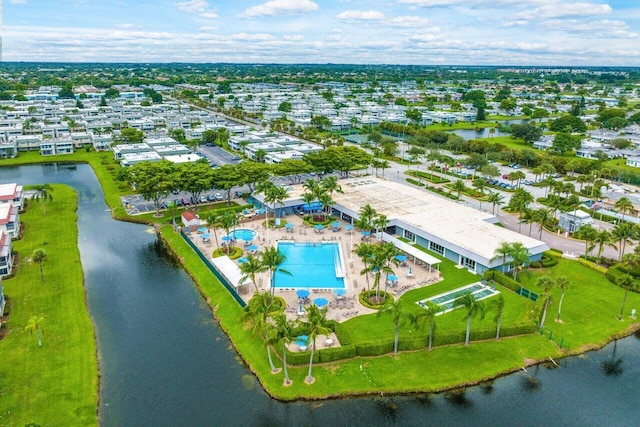 drone / aerial view with a water view