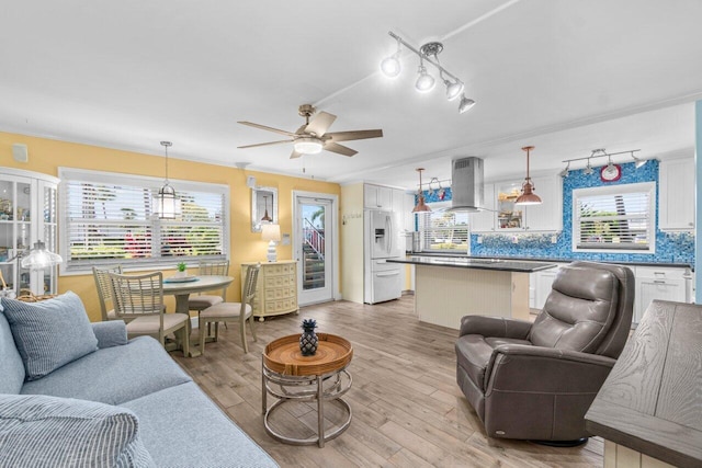 living area featuring light wood-type flooring and a ceiling fan