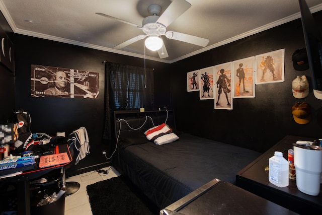 bedroom with tile patterned flooring, ceiling fan, and crown molding