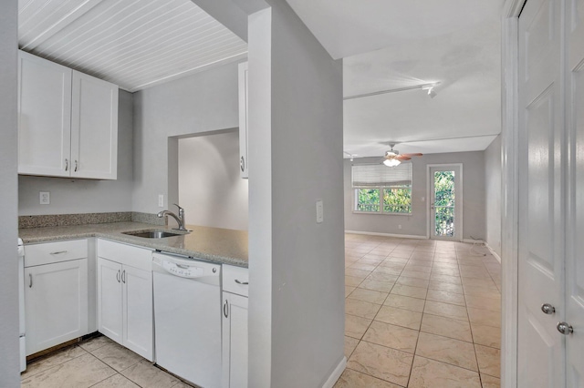 kitchen with white cabinets, dishwasher, ceiling fan, and sink