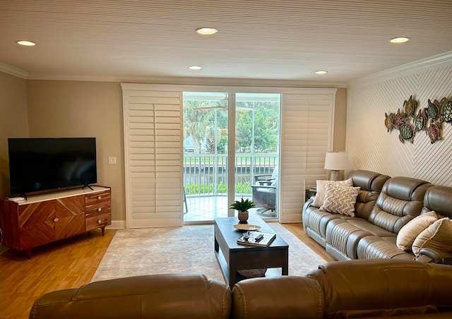 living room featuring crown molding and light hardwood / wood-style flooring