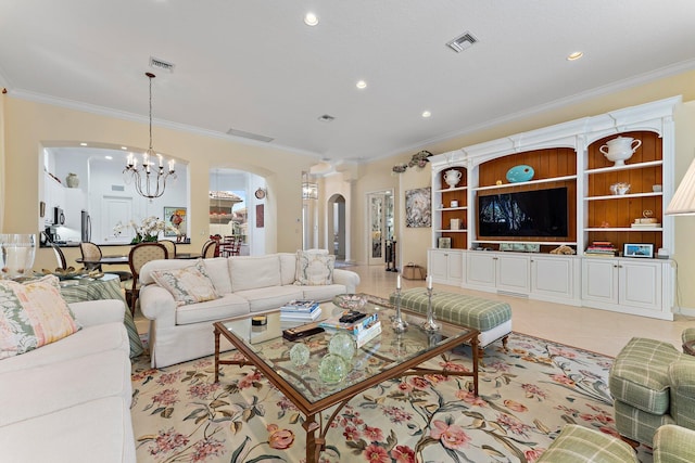 tiled living room featuring crown molding and an inviting chandelier