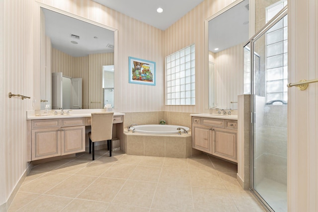 bathroom with vanity, separate shower and tub, and tile patterned floors