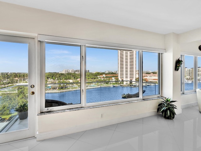 interior space with a water view