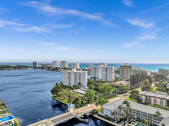 drone / aerial view featuring a water view