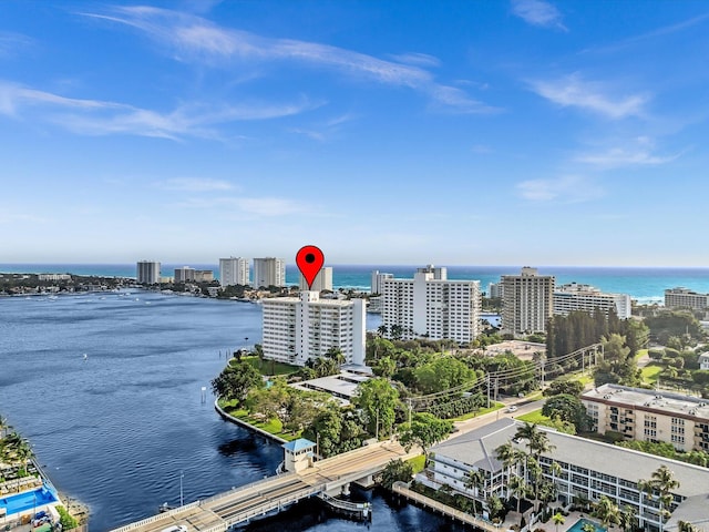 aerial view featuring a water view