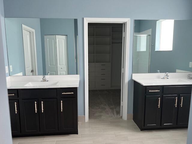 bathroom with vanity and a shower with shower door