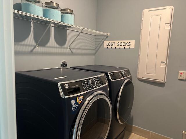 laundry area featuring electric panel and washer and clothes dryer