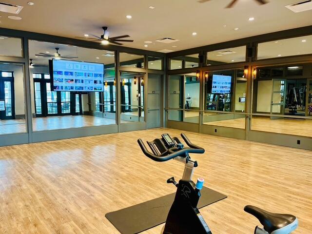 exercise room featuring wood-type flooring and ceiling fan