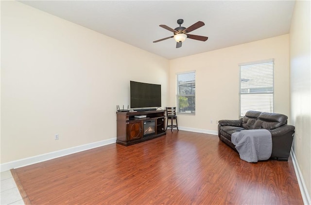 living room featuring ceiling fan and wood-type flooring