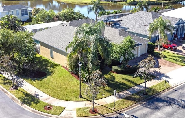 aerial view featuring a water view