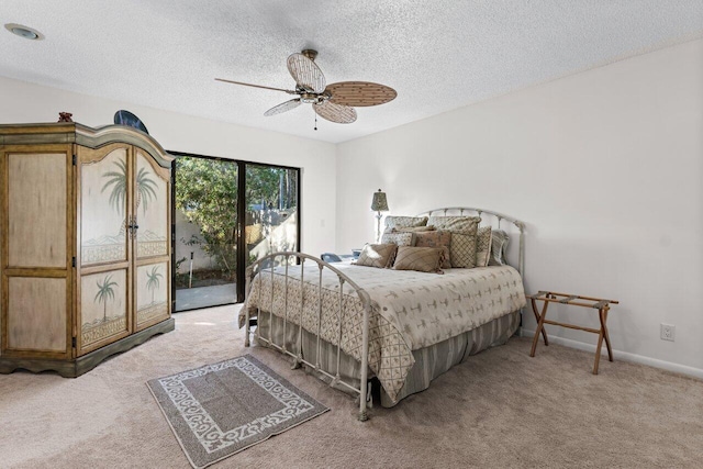 bedroom with carpet, a textured ceiling, access to outside, and ceiling fan