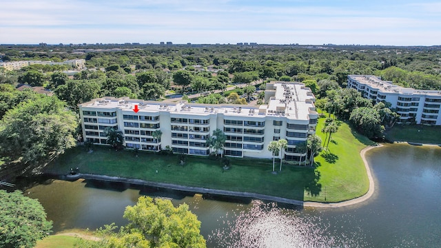 bird's eye view with a water view