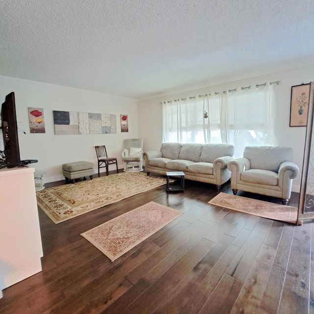 living room featuring dark hardwood / wood-style flooring and a textured ceiling