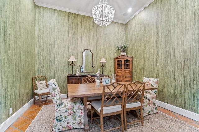 tiled dining room featuring crown molding and an inviting chandelier