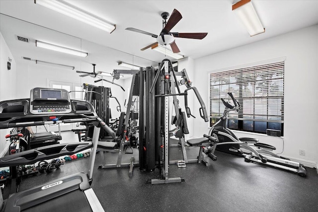 exercise room with ceiling fan