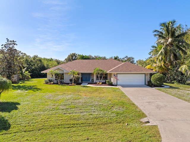 ranch-style home with a front lawn and a garage