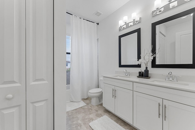 full bathroom with vanity, toilet, and shower / bathtub combination with curtain