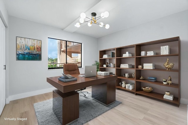 office featuring light hardwood / wood-style floors and a chandelier