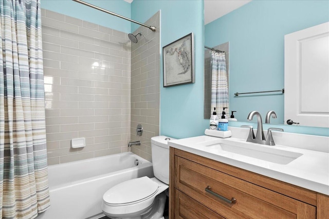 full bathroom featuring vanity, toilet, and shower / bathtub combination with curtain