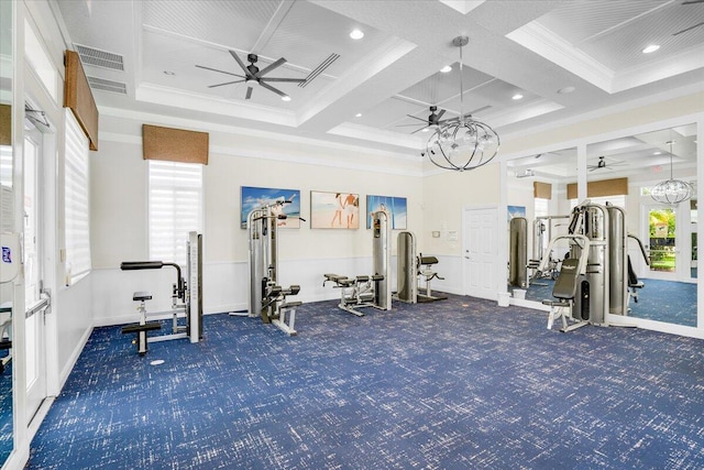 workout area with carpet flooring, ornamental molding, and coffered ceiling