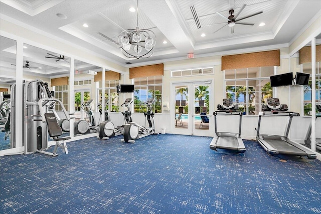 exercise room featuring french doors, carpet, coffered ceiling, and ornamental molding