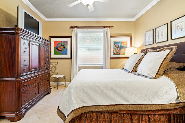 bedroom featuring ceiling fan, crown molding, light tile patterned flooring, and a textured ceiling