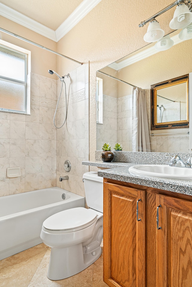 full bathroom featuring tile patterned floors, crown molding, a textured ceiling, toilet, and shower / tub combo with curtain