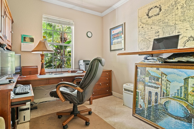 tiled home office featuring crown molding