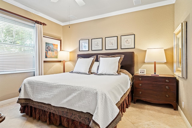 bedroom featuring light tile patterned floors, ceiling fan, and crown molding