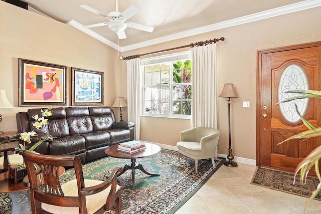 living room featuring light tile patterned floors, a textured ceiling, ceiling fan, and crown molding