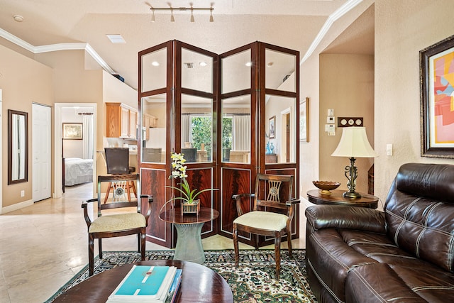 living room featuring ornamental molding and a textured ceiling