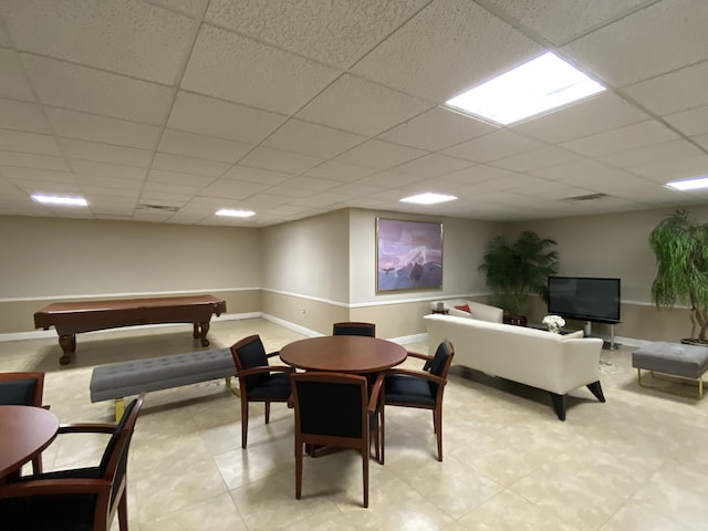 dining space featuring a drop ceiling and pool table