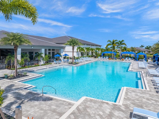 view of pool featuring a patio area and a hot tub