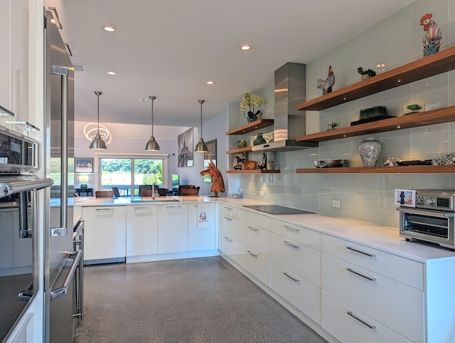 kitchen with black electric stovetop, white dishwasher, extractor fan, pendant lighting, and white cabinetry