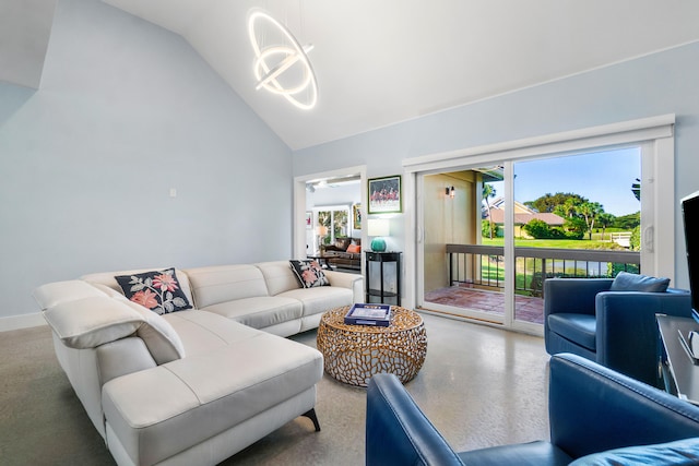 living room with lofted ceiling