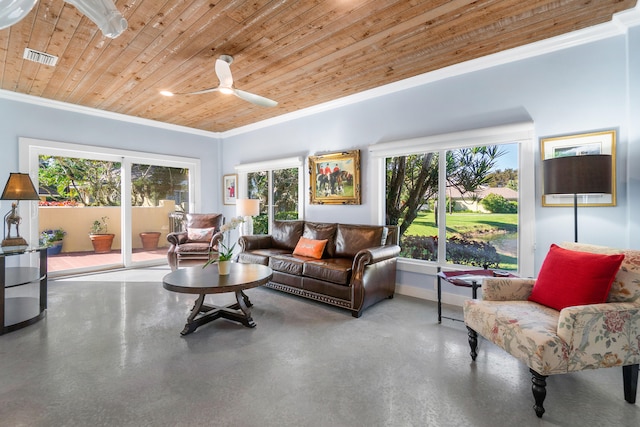 living room with ceiling fan, plenty of natural light, wood ceiling, and ornamental molding