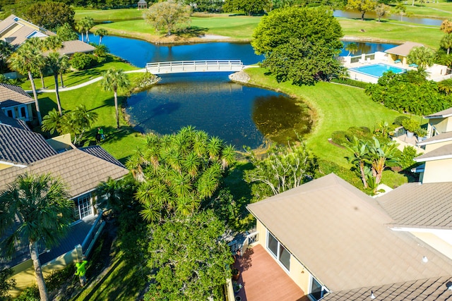 drone / aerial view featuring a water view