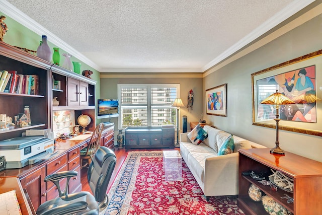 office space featuring hardwood / wood-style flooring, crown molding, and a textured ceiling