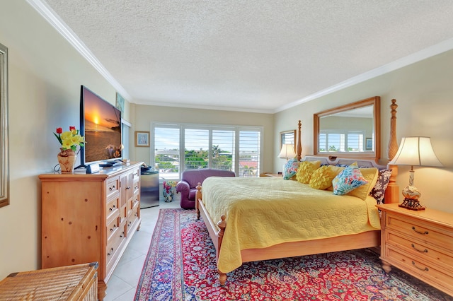 tiled bedroom featuring a textured ceiling and ornamental molding